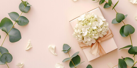 Gift box and white fresh flowers on light pink background. Copy space. Congratulating card