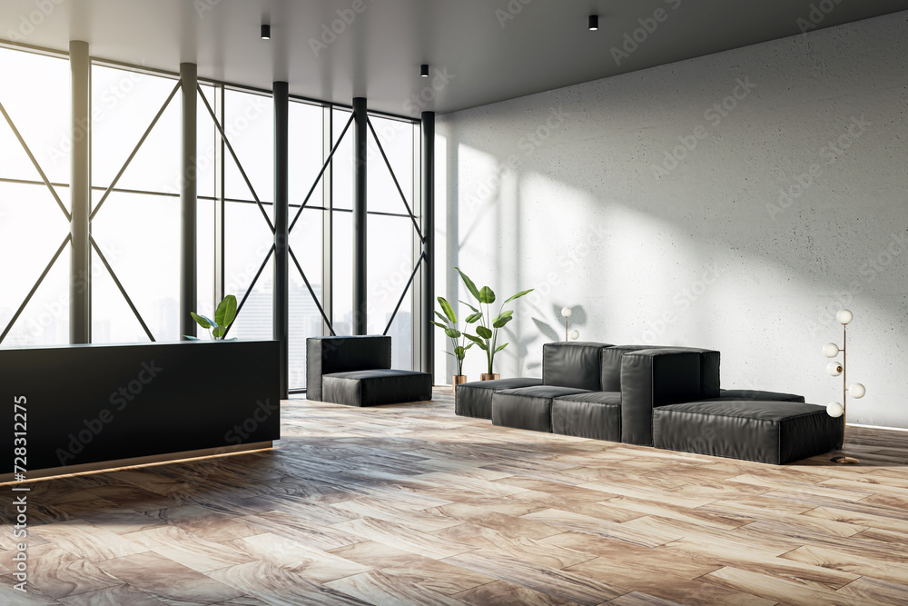 Poster Sleek reception area with minimalist design and contrasting shadows. 3D Rendering