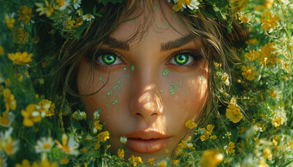Meadow Muse: Girl's Portrait with Radiant Green Eyes, Brown Hair, Surrounded by Countless Yellow Flowers from a Lush Green Meadow, Pure Beauty