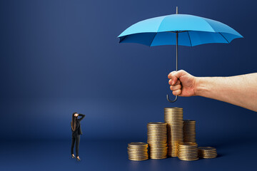 Businesswoman looking at abstract male hand holding umbrella over stacked coins on dark blue background. Insurance and investment concept.
