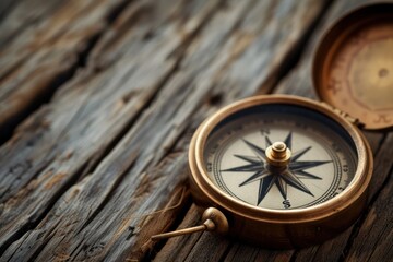 This is a close up photograph of a Antique Compasses on Old Wood