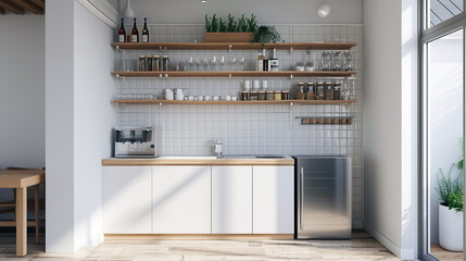 A compact, minimalist kitchenette with open shelving, a small fridge, and a clean, white backsplash. 