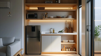 A compact, minimalist kitchenette with open shelving, a small fridge, and a clean, white backsplash. 