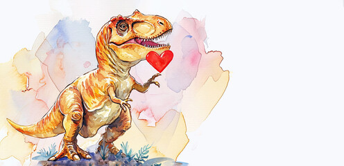 Cute dinosaur T-rex with heart. Holiday banner. Watercolor hand drawing. Birthday greeting card