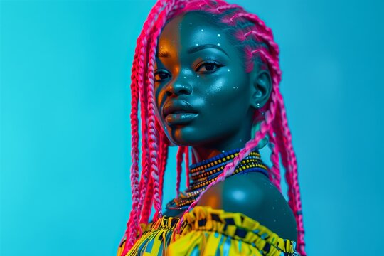 A vibrant woman with a fierce gaze and pink dreadlocks stands out against a tranquil blue backdrop, embodying individuality and bold self-expression