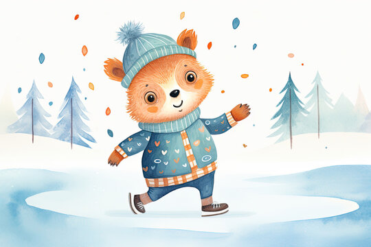 Happy bear cub ice skating. scandinavian style illustration. Winter outdoor fun