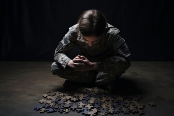 girl in a military uniform is sitting over a wooden puzzle, the concept of life after the war. psychological support. - obrazy, fototapety, plakaty