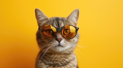 Funny cat in sunglasses, creative minimal concept on yellow background. Hipster cat kitten in fashionable outfit for sale, shopping, advert