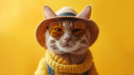 Funny cat in sunglasses, creative minimal concept on yellow background. Hipster cat kitten in fashionable outfit for sale, shopping, advert