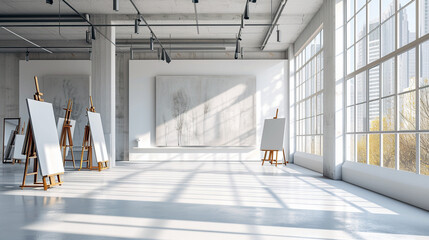 A minimalist art studio with large windows, easels, and a clean, white floor. 