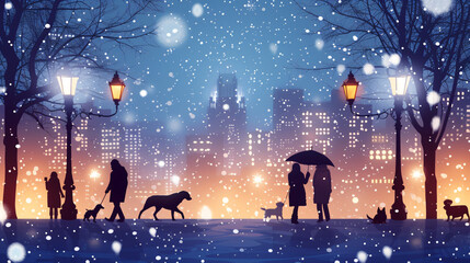 Fototapeta na wymiar Silhouettes of people and dogs in the snow