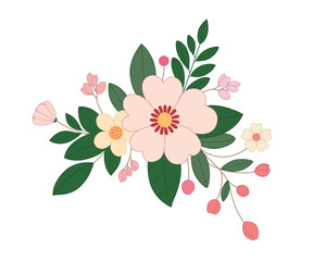 Lovely floral decorative with beautiful flowers and leaves. Graphic element design on white background.