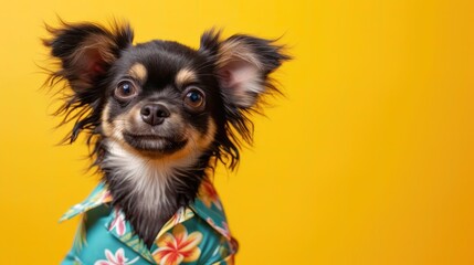 Funny cute puppy in colorful shirt and sunglasses, creative minimal concept on yellow background. Hipster puppy dog in fashionable outfit for sale, shopping, advert
