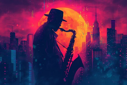Silhouetted saxophonist against vibrant cityscape and full moon