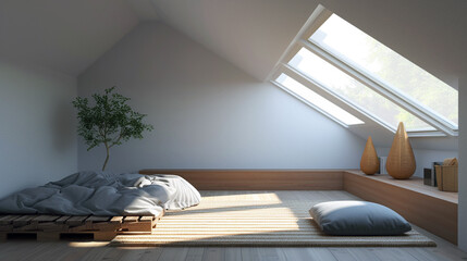 A minimalist attic conversion with skylights, a futon, and minimal decor. 