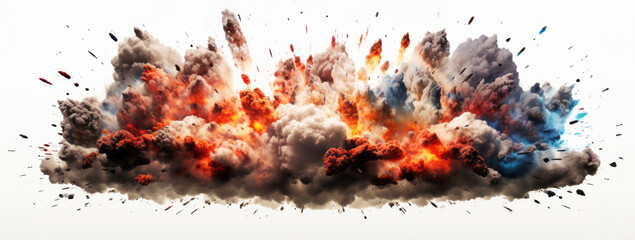 Dramatic explosion with fire and smoke on white background