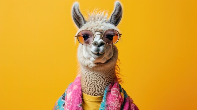 Funny lama in pink hoodie and sunglasses, creative minimal concept on yellow background. Hipster lama in fashionable outfit for sale, shopping, advert