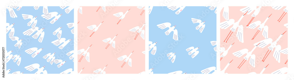 Aufkleber flying birds, seamless patterns set. cranes and doves flocks in flight in sky, endless background de