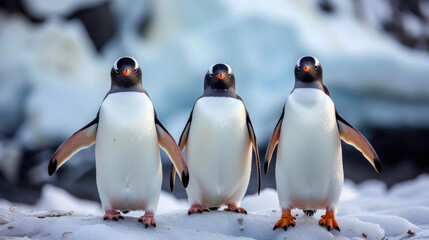 Three playful penguins in a row, each casting a curious gaze towards the camera lens