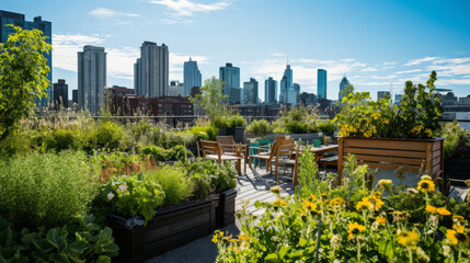 Urban oasis: Rooftop garden with lush greenery and city skyline - obrazy, fototapety, plakaty