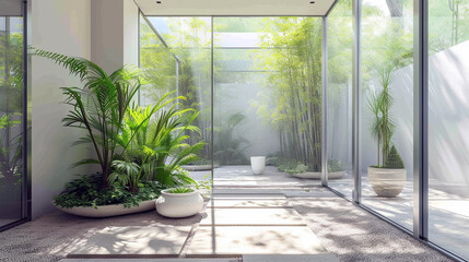 A minimalist conservatory with glass walls, a few elegant plants, and a stone floor. 