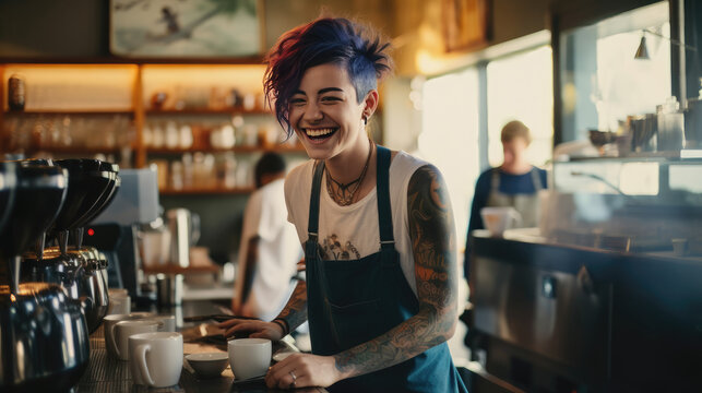 Cheerful tattooed barista serving coffee with a bright smile in a cafe - Powered by Adobe