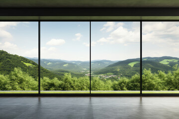 Spacious modern room with panoramic view of lush green mountains
