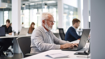 Senior businessman working on laptop in modern office setting