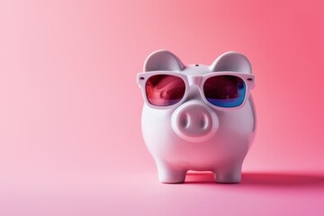 This is a photo of a large white piggy bank with 3D glasses on a pink background. This is a concept photo related to finance and entertainment 