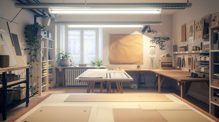 A minimalist craft room with a large worktable, storage for supplies, and bright lighting. 
