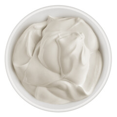 Sour Cream in bowl, mayonnaise, yogurt, isolated on white background, full depth of field