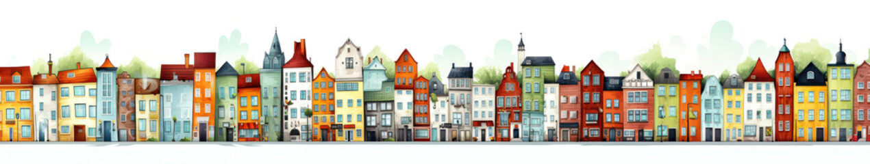 Fototapeta premium Colorful cartoonish cityscape with diverse urban buildings panorama