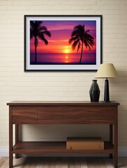 Caribbean Beach Sunsets: Palm Silhouettes at Twilight - Framed Landscape Print