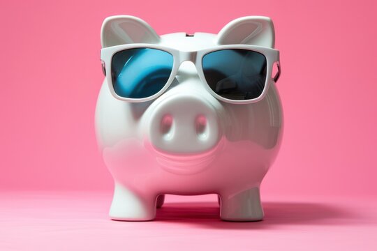 This is a photo of a large white piggy bank with 3D glasses on a pink background. This is a concept photo related to finance and entertainment 