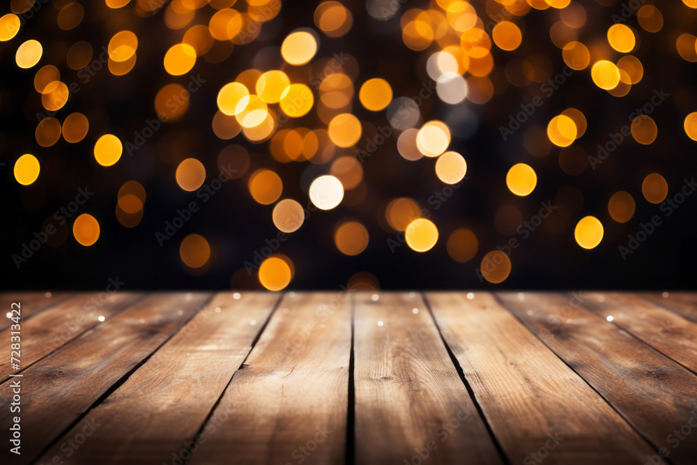 Wall mural empty wooden table with golden bokeh lights background