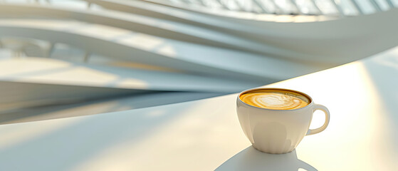 Frothy cup of coffee inside of a modern white arts space. Shadows, bright, clear sky