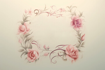 Elegant vintage floral frame with hand-drawn pink roses on soft background