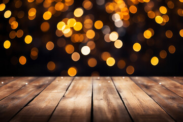 Empty wooden table with golden bokeh lights background