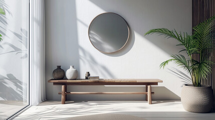 A minimalist entryway with a simple bench, a round mirror, and a few carefully chosen decor items. 