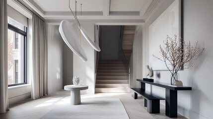 A minimalist foyer with a high ceiling, a sculptural light fixture, and a narrow console table. 