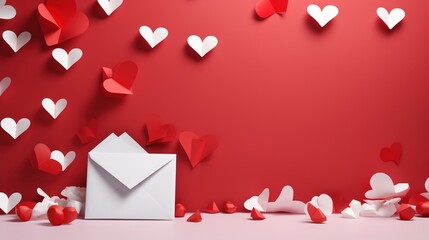 Valentine's Day backdrop adorned with delicate white paper hearts and a pristine blank card