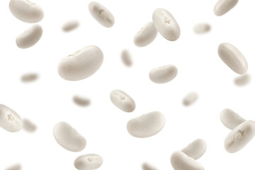 Falling white Kidney beans, isolated on white background, selective focus