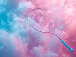 A badminton racket emerges from a vibrant cloud of blue and pink smoke