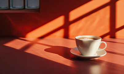 Studio shot, close-up, macro, frothy flat white cup of coffee isolated against modern background with orange stucco cement interior wall. Product shot, before sunset, sunny, clear sky, shadows