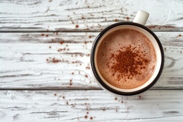 This is a photograph of hot chocolate on a white wood background