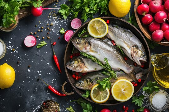 This is a photograph of gourmet Dorado fish on a metal skillet surrounded by colorful spices, lemons, parsley, and radishes in a full frame restaurant table setting. 