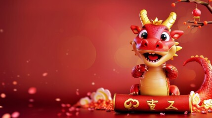 Fototapeta premium Un joli dragon tenant un parchemin de félicitations pour la richesse au bas de l'image, avec un arrière-plan simple du Nouvel An chinois