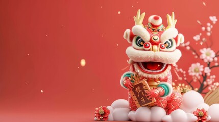 Fototapeta premium Un joli dragon tenant un parchemin de félicitations pour la richesse au bas de l'image, avec un arrière-plan simple du Nouvel An chinois