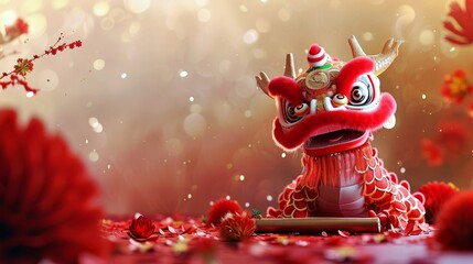 Fototapeta premium Un joli dragon tenant un parchemin de félicitations pour la richesse au bas de l'image, avec un arrière-plan simple du Nouvel An chinois