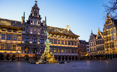 Fototapeta na wymiar Grote Markt, historic central square of Antwerp, Belgium in the evening. Travel photo